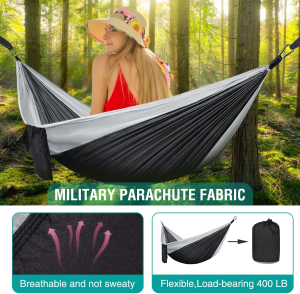 Hammock Camping, Portable Single/Double Hammocks for Outdoor Hiking Travel Backpacking – 210D Nylon Hammock Swing for Backyard & Garden (Black/Gray)