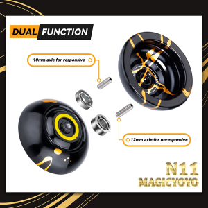 MAGICYOYO N11 Professional Unresponsive Yoyo N11 Alloy Aluminum Yoyo Ball (Black with Golden) with Bag, Glove, 12 Yoyo Strings and Responsive Yoyo Bearing Kit for Dual Purpose Use