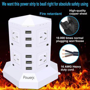 Powerjc Tower Power Strip Surge Protector 8 AC Outlets Outlet with 6 2.4A Totals 6A Ports Smart USB Chargers 2M Long Extension Cord SAA Certified White