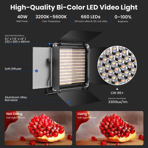 NEEWER 2 Pieces Bi-Color 660 LED Video Light and Stand Kit Includes:(2)3200-5600K CRI 96+ Dimmable Light with U Bracket and Barndoor and (2)75 Inches Light Stand for Studio Photography, Video Shooting