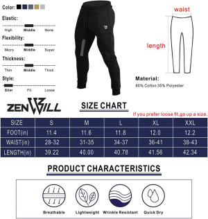 ZENWILL Mens Tapered Gym Joggers, Fitness Pants Casual Workout Track Pants with Zip Pockets