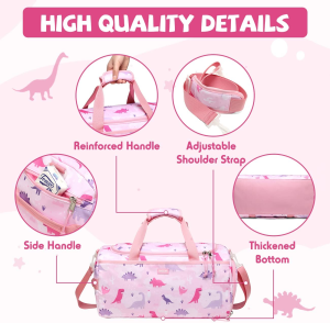 Duffle Bag for Girls,Vaschy Cute Large Travel Bag for Kids Toddler Children Overnight Duffel Ballet Dance Sport Carry on Weekender Bag with Shoes Compartment Dry Wet Pocket Pink Dinosaur