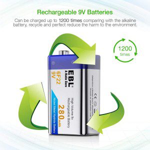 EBL 9V Rechargeable Batteries Nimh 280Mah 9V Battery for Smoke Alarm Detector, 4-Packs