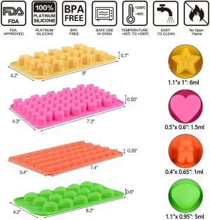 Silicone Gummy Molds Chocolate Molds Candy Mold and Silicone Ice Cube Tray Nonstick Including Hearts, Stars, Shells & Bears Set of 5 Best Food Grade Silicone Gumdrop Molds with 2 Bonus Droppers