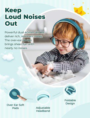 Iclever BTH12 Wireless Kids Headphones, Colorful LED Lights Kids Headphones with 74/85/94Db Volume Limited over Ear, 55H Playtime, Bluetooth 5.2, Built-In Mic for School/Tablet/Pc/Airplane (Green)