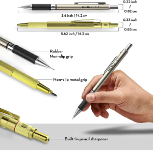 Nicpro Gold Mechanical Pencils Set, 3 PCS Metal Drafting Pencil 0.5 Mm & 0.7 Mm & 0.9 Mm & 3 PCS 2Mm Graphite Lead Holder (2B HB 2H) for Writing, Sketching Drawing with 12 Tube Lead Refills Case