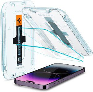 SPIGEN EZ Fit Glas.Tr Slim (Sensor Protection) Screen Protector Designed for Apple Iphone 14 Pro Max (2022)[6.7-Inch] Auto Alignment Kit Premium Tempered Glass [2-Pack] – Clear