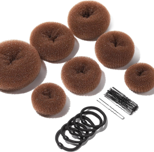 Donut Hair Bun Maker 7 Pieces, Teenitor Ring Style Bun Maker Set with (1 Extra-Large, 2 Large, 2 Medium and 2 Small), 5 Pieces Hair Elastic Bands, 20 Pieces Hair Pins, Dark Brown