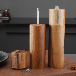 TEOM Wooden Salt and Pepper Grinder Set, Acacia Wood & Refillable Manual Herb Spice Grinder Mills with Wooden Tray and Spoon, Pepper Grinder Wooden Manual & Salt Shaker Mills Set, Kitchen Hand Grinder