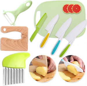 Taicols Kids Cooking Cutter Set, 8 Pcs Kids Knife Set, Kids Safe Knives Set, Wooden Kids Kitchen Knife, Toddler Kitchen Cutter Set Montessori Kitchen Tools for Toddlers Chopper Cutting Fruit Vegetable