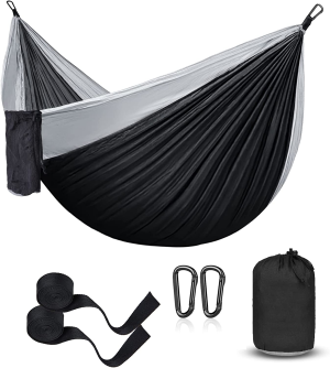 Hammock Camping, Portable Single/Double Hammocks for Outdoor Hiking Travel Backpacking – 210D Nylon Hammock Swing for Backyard & Garden (Black/Gray)