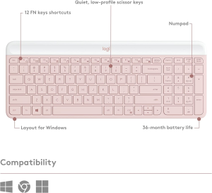 Logitech MK470 Slim Wireless Keyboard and Mouse Combo – Modern Compact Layout, Ultra Quiet, 2.4 Ghz USB Receiver, Plug N’ Play Connectivity, Compatible with Windows – Rose