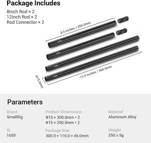 SMALLRIG 15Mm Rods Pack with M12 Thread Rod Cap Connectors Aluminum Alloy Rods Combination for for Rig Mattebox Follow Focus 15Mm Rod System – 1659