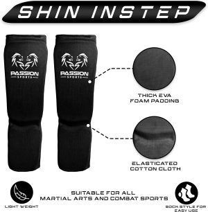 Passion Sports MMA Shin Instep Thick Padded Guard – Shin Instep Guard (Pair) Elasticated-Cotton Ideal for Martial Arts, Boxing, Taekwondo and Karate