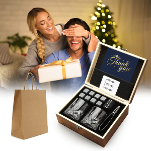 Whisky Stones Glasses Gift Set, 2 Crystal Bourbon Scotch Glasses 8 Whiskey Granite Chilling Rocks, Premium Wooden Gift Box Burbon Present for Whisky Lovers/Men/Christmas/Birthday/Holiday/Retirement/Father’S Day