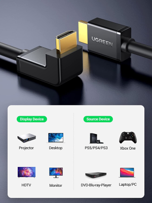 UGREEN HDMI Cable 4K@60Hz, HDMI 2.0 Lead 90 Degree Angled Supports 18Gbps High Speed, HDR, 3D, ARC, HDCP, HDMI Male Lead Compatible with PS5/PS4, Soundbar, Xbox, Blu-Ray, Roku, TV, Monitor, DVD (2M)