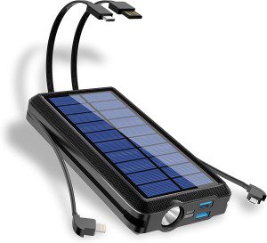 Solar Power Bank 30000Mah Built-In Type-C&Micro 3 Output Cables and 1 USB Input Cable, with 2 Input and 2 Output Ports, Wireless Charger Solar Charger for Iphone, Ipad, Samsung, Google, Game Console