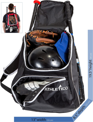 Athletico Baseball Bat Bag – Backpack for Baseball, T-Ball & Softball Equipment & Gear for Youth and Adults | Holds Bat, Helmet, Glove, Shoes |Shoe Compartment & Fence Hook