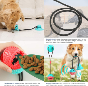 Dog Chew Suction Cup Tug of War Toy Multifunction Interactive Pet Aggressive Chewers Rope Puzzle Toothbrush Molar Bite Squeaky Toys Ball with Teeth Cleaning and Food Dispensing Features (Blue Red)