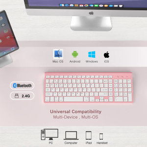 Wireless Keyboard Bluetooth, Bluetooth Keyboard with Number Pad, J JOYACCESS Dual Mode Slim Keyboard Connects up to 3 Devices for Imac/Mac,Macbook, Ipad,Laptop,Android,Windows-Pink