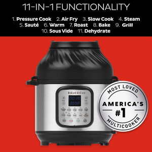 Instant Pot Duo Crisp + Air Fryer 11-In-1 Multicooker, 8L – Pressure Cooker, Air Fryer, Slow Cooker, Steamer, Sous Vide Machine & Baking Functions & Genuine Tempered Glass Lid, Clear 10 In. 8 Quart