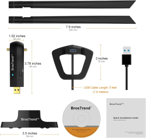 Brostrend 1200Mbps Long Range USB Wifi Adapter for PC Desktop Laptop of Windows 11/10/8.1/8/7, Wireless Adapter Dual Band 2.4Ghz 300Mbps + 5Ghz 867Mbps, 2X 5Dbi High Gain Antennas, USB 3.0 Cradle