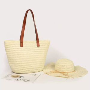 ZAHNA Straw Tote Bag and Hat Set Beach Bag Womens Straw Bag and Wide Brim Sunhat Straw Bag with Zipper Closure