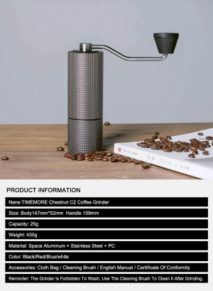 TIMEMORE Chestnut C2 Coffee Grinder Updated New Upgrade Electricity Any More Portable Hand Manual Grinder Grind Machine Mill with Double Bearing Positioning (TIMEMORE C2)