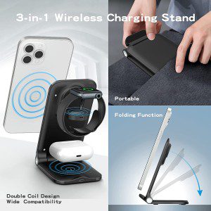 Wireless Charger, 15W 3 in 1 Fast Charging Stand for Airpods Iwatch, Foldable Wireless Charging Station for Iphone 14 13 12/11/11 Pro/11Pro Max/Xs Max/Xr/Samsung Galaxy S20 / Smartphones (Black)