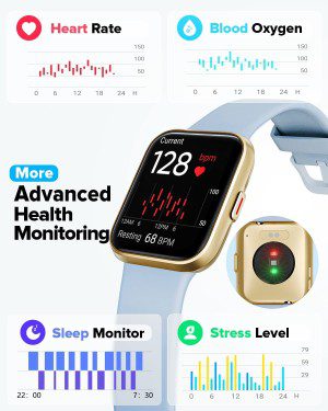 Smart Watch for Women Men,Smart Watch (Answer/Make Call), 1.7″ Full Touch Alexa Built-In Fitness Tracker with Heart Rate Spo2 Sleep Monitor, 5ATM Waterproof Smartwatch for Android Ios(Bluegold)