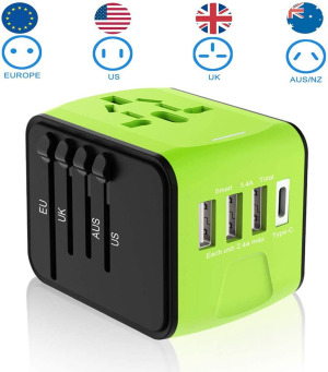 Disgian Travel Adapter, Universal International Power Adapter with 3USB Port and Type-C International Wall Charger Worldwide AC Power Plug for Multi-Nation Travel UK, EU, AU over 200 Countries (Green)