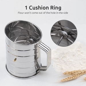 U-Taste Stainless Steel Flour Sifter: 3 Cup Sifter with 4 Wire Agitators for Quick Sifting, 1 Cushion Ring, Crank Plastic Handle, Stamped Measurement, 20 Fine Mesh for Baking Flour, Powered Sugar