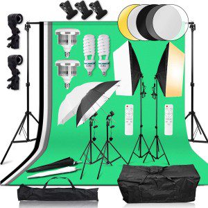 Abeststudio Studio Lighting Kit Bi-Color Dimmable 2X 85W Softbox Continuous Lighting Background Support System Black White Green Backdrop Cloth with Stand for Portrait Product Photography Video Shooting