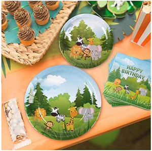 Jevenis 58 PCS Jungle Animals Party Supplies Jungle Party Plates Cups Napkins Jungle Birthday Party Supplies Jungle Party Favors Jungle Animals Cupcake Toppers