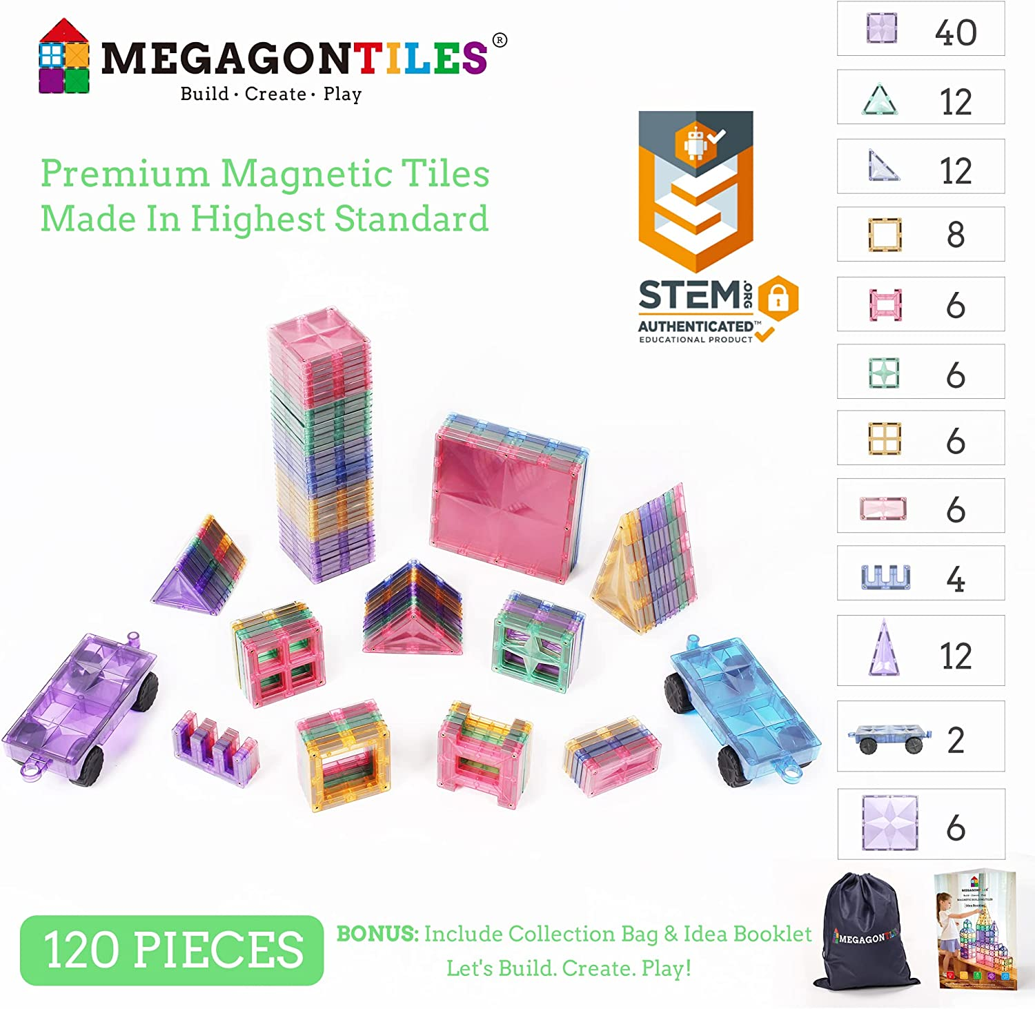  MEGAGONTILES 110PCS Premium Magnetic Tiles, STEM AUTHENTICATED, Magnetic Toys Building Blocks, Toddler Boys Girls 3-10 Year Old
