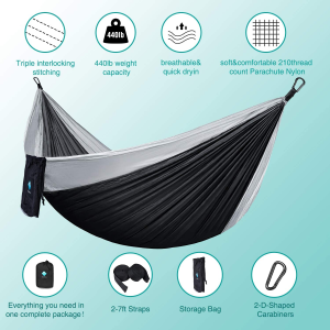 Hammock Camping Portable Single Hammocks for Outdoor Hiking Travel Backpacking – 210D Nylon Tree Tent Swing Beds for Backyard & Garden Hammock 55”W108”L (Black/Gray)