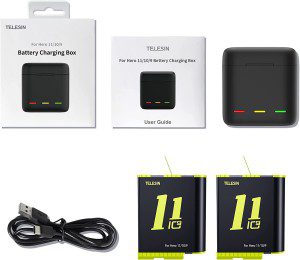 TELESIN New 2 Pack Battery Charger for Gopro Hero 11 Hero 10 Hero 9, Rechargeable Batteries 3-Channel Storage Charging Case with Type-C Cable Compatible with Original Gopro 11 10 9 Camera Accessories