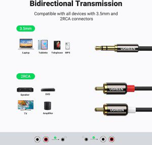 UGREEN 3.5Mm to RCA Cable, RCA Male to Aux Audio Adapter Hifi Sound Headphone Jack Adapter Metal Shell RCA Y Splitter RCA Auxiliary Cord 1/8 to RCA Connector for Phone Speaker MP3 Tablet HDTV, 1M