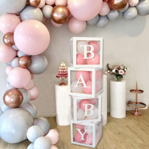 61Pcs Baby Shower Decorations Boxes for Boys&Girls, 30 Party Balloons (Pink&White), 4 Transparent Balloon Boxes with 27 Letters, Include BABY+A-Z, Baby Blocks for Baby Shower, Birthday Decorations