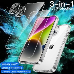 Jetech 3 in 1 Case for Iphone 14 plus 6.7-Inch, with 2-Pack Screen Protector and Camera Lens Protector, Non-Yellowing Shockproof Bumper Phone Cover, Full Coverage Tempered Glass Film (Clear)