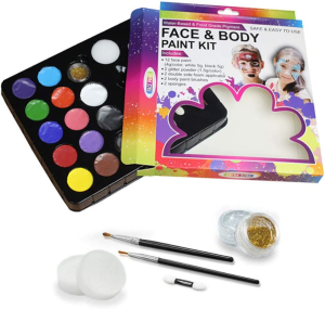 Water Based Non-Toxic FDA Approved Face&Body Paint for Sport Party-Kids Adult-12 Colors Palette,25 Stencils, 2 Brushes,2 Glitters,2 Sponges,2 Foam Applicator(Paints 60-80 Faces)…