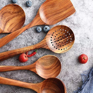 Wooden Cookware Set for Kitchen, Messon Handmade Natural Teak Cooking Spoon Wooden Spatula for Anti-Scorching Cookware7 Piece