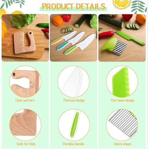 Taicols Kids Cooking Cutter Set, 8 Pcs Kids Knife Set, Kids Safe Knives Set, Wooden Kids Kitchen Knife, Toddler Kitchen Cutter Set Montessori Kitchen Tools for Toddlers Chopper Cutting Fruit Vegetable