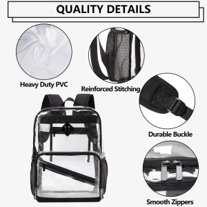 Kasqo Clear Backpack, 15.6 Inch Heavy Duty PVC Transparent Backpack See through Backpacks for School, College, Sports, Work, Travel, Stadium Approved