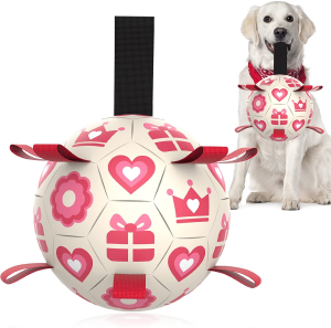 QDAN Pink Dog Toys Soccer Ball with Straps,Interactive Dog Toys for Tug of War,Puppy Birthday Gifts,Dog Tug Toy,Dog Water Toy,Durable Dog Balls for Medium & Large Dogs（8 Inch）