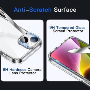 Jetech 3 in 1 Case for Iphone 14 plus 6.7-Inch, with 2-Pack Screen Protector and Camera Lens Protector, Non-Yellowing Shockproof Bumper Phone Cover, Full Coverage Tempered Glass Film (Clear)