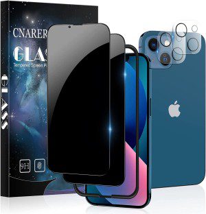 [2+2 Pack] Cnarery Privacy Screen Protector for Iphone 13 with Alignment Frame, 2 Pack Full Coverage Privacy Tempered Glass Screen Protector and 2 Pack Camera Lens Protector[Easy Installation]