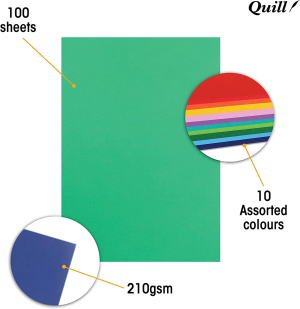 Quill, Coloured Board, 210Gsm, A4, Pack 100, Assorted