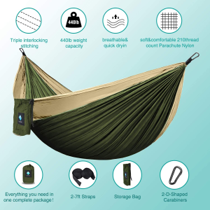 Hammock Camping Portable Single Hammocks for Outdoor Hiking Travel Backpacking – 210D Nylon Tree Tent Swing Beds for Backyard & Garden Hammock 55”W108”L (Olive/Dark Khaki)