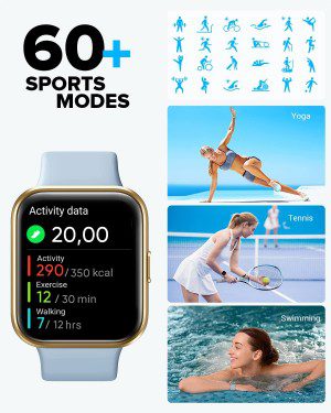 Smart Watch for Women Men,Smart Watch (Answer/Make Call), 1.7″ Full Touch Alexa Built-In Fitness Tracker with Heart Rate Spo2 Sleep Monitor, 5ATM Waterproof Smartwatch for Android Ios(Bluegold)